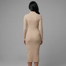 Women's Ribbed Knit Long Sleeve Midi Dress in Beige – back view