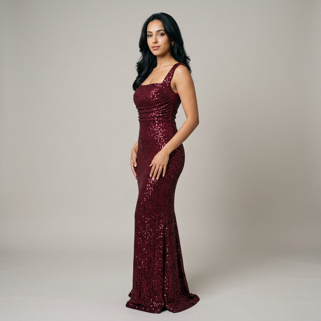 Women's Square Neck Sequin Evening Gown in Wine Red – side view