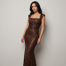 Women's Square Neck Sequin Evening Gown in Brown