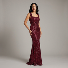 Women's Square Neck Sequin Evening Gown in Wine Red – three-quarter view