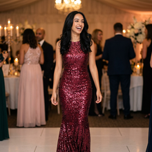 Women's Square Neck Sequin Evening Gown in Wine Red – lifestyle shot