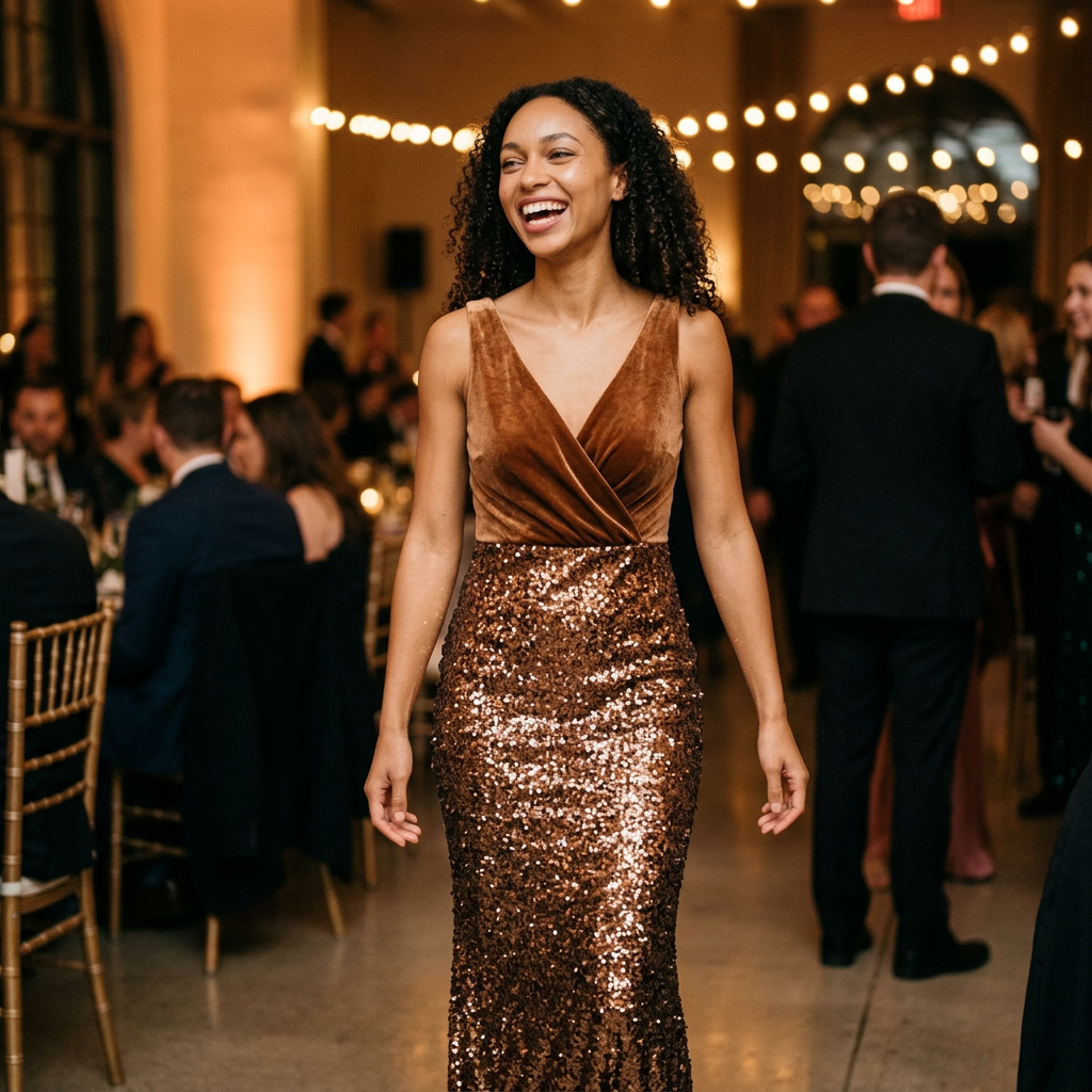 Women's Velvet Wrap Sequin Maxi Dress in Dark Brown – lifestyle shot