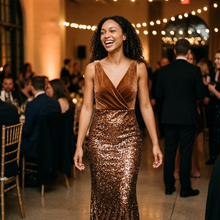 Women's Velvet Wrap Sequin Maxi Dress in Dark Brown – lifestyle shot