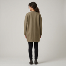Women's Collarless Wool Blend Longline Coat in Khaki – back view