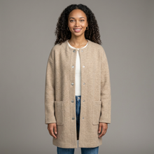 Women's Collarless Wool Blend Longline Coat in Khaki – front view