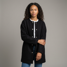 Women's Collarless Wool Blend Longline Coat in Black