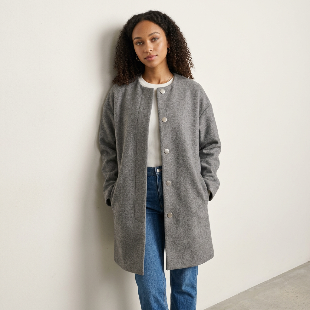 Women's Collarless Wool Blend Longline Coat in Grey