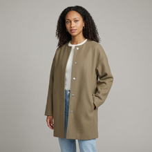 Women's Collarless Wool Blend Longline Coat in Khaki – three-quarter view