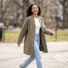 Women's Collarless Wool Blend Longline Coat in Khaki – lifestyle shot