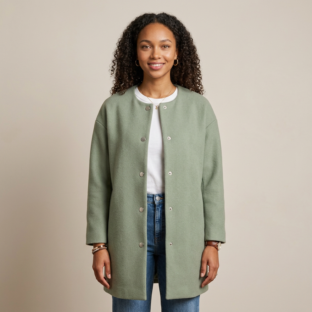 Women's Collarless Wool Blend Longline Coat in Green
