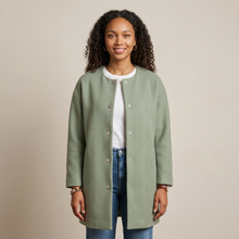Women's Collarless Wool Blend Longline Coat in Green