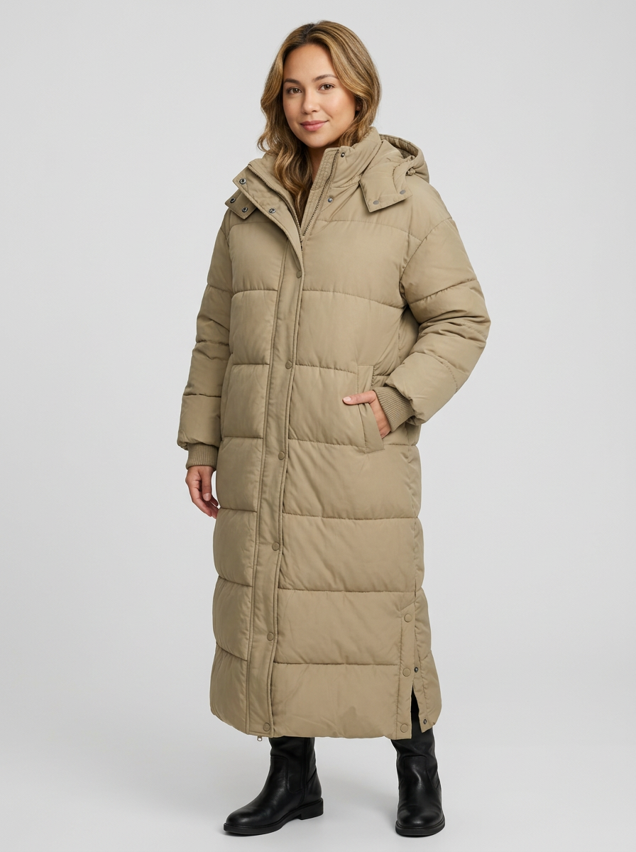 Women's Long Quilted Puffer Coat in Khaki – three-quarter view