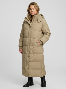 Women's Long Quilted Puffer Coat in Khaki – three-quarter view