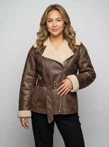 Women's Faux Shearling Aviator Jacket in Brown – three-quarter view
