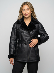 Women's Faux Shearling Aviator Jacket in Black