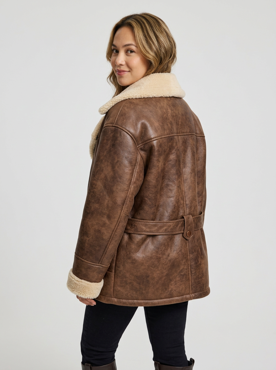 Women's Faux Shearling Aviator Jacket in Brown – back view