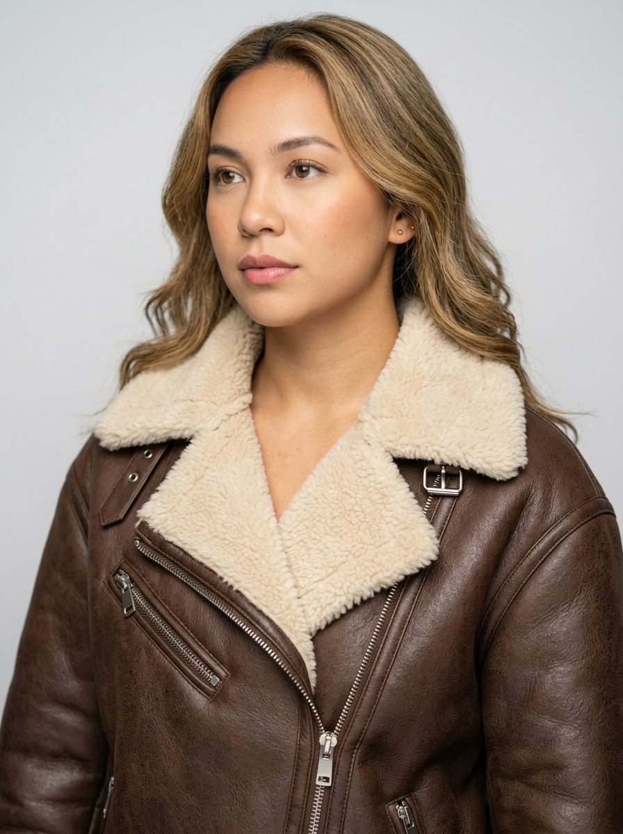 Women's Faux Shearling Aviator Jacket in Brown – detail view
