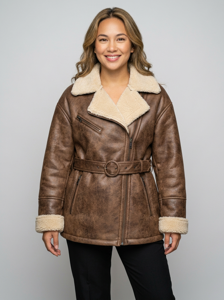 Women's Faux Shearling Aviator Jacket in Brown – front view