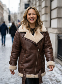 Women's Faux Shearling Aviator Jacket in Brown – lifestyle shot