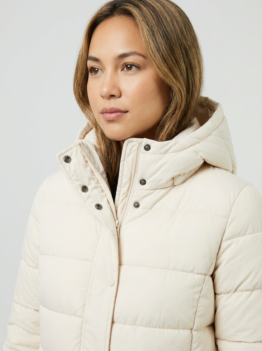 Women's Long Quilted Puffer Coat in Cream – detail view