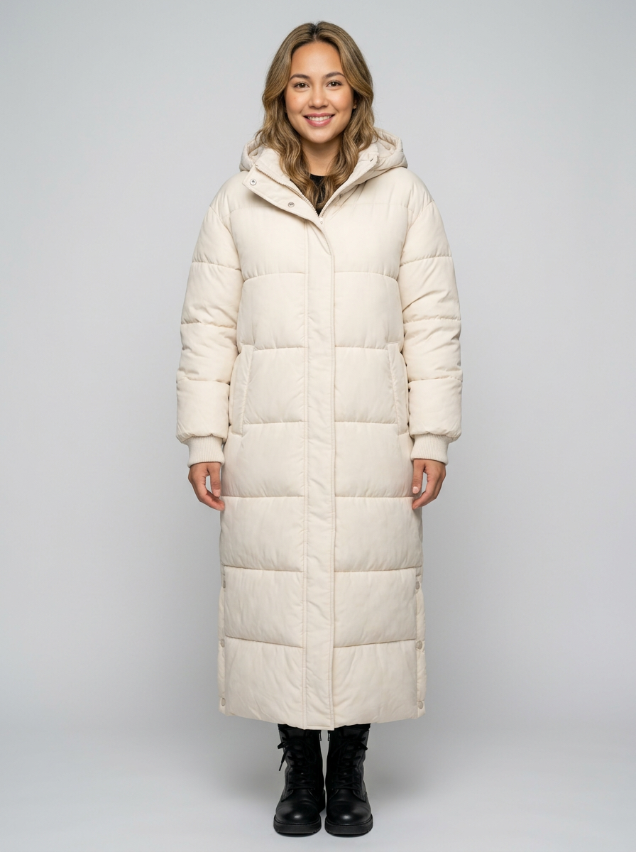 Women's Long Quilted Puffer Coat in Cream – front view