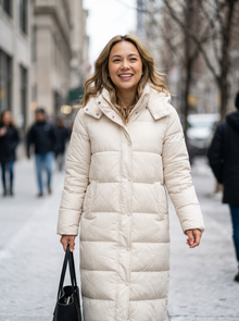 Women's Long Quilted Puffer Coat in Cream – lifestyle shot