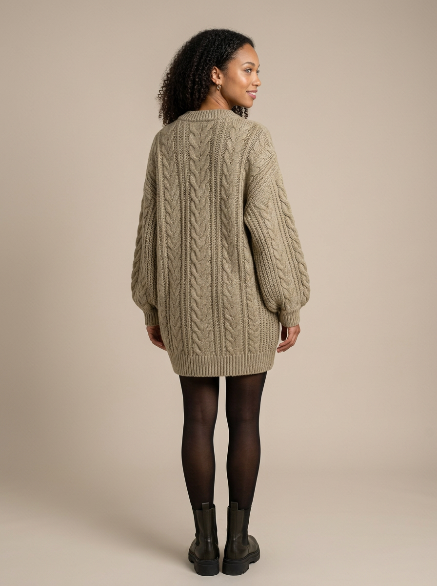Women's Oversized Chunky Cable Knit Jumper in Khaki – back view