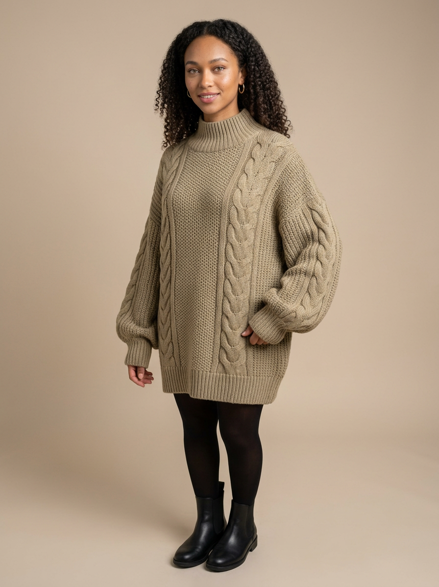 Women's Oversized Chunky Cable Knit Jumper in Khaki – front view