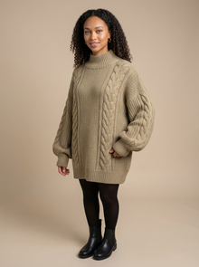 Women's Oversized Chunky Cable Knit Jumper in Khaki – three-quarter view