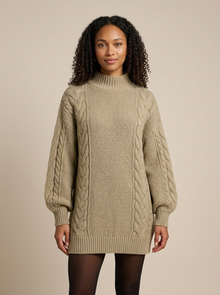 Women's Oversized Chunky Cable Knit Jumper in Khaki – front view