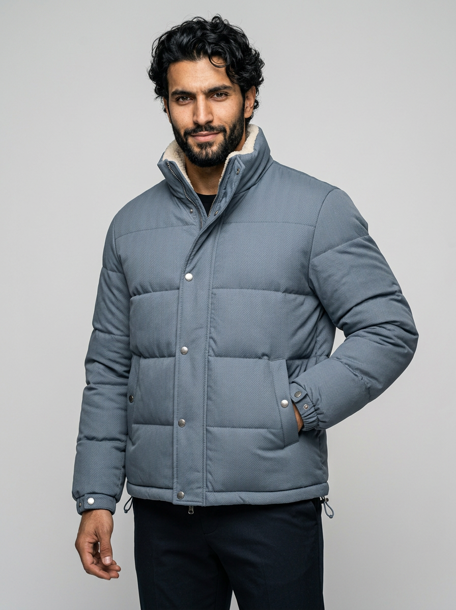 Men's Fleece Lined Textured Puffer Jacket in Blue – three-quarter view