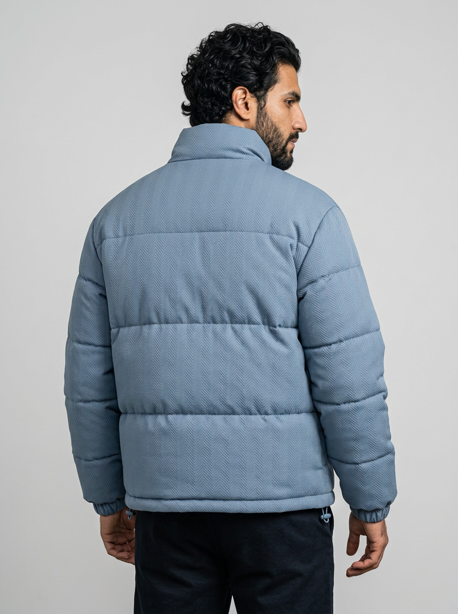 Men's Fleece Lined Textured Puffer Jacket in Blue – three-quarter view