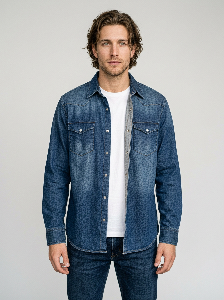Men's Loose Fit Western Denim Shirt in Denim Blue – front view