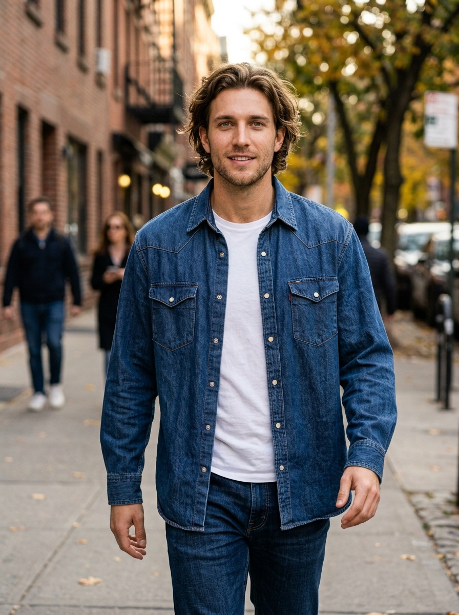 Men's Loose Fit Western Denim Shirt in Denim Blue – lifestyle shot