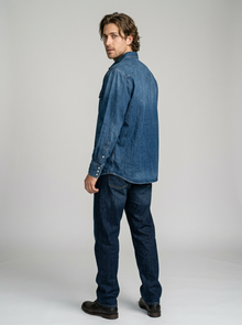 Men's Loose Fit Western Denim Shirt in Denim Blue – back view
