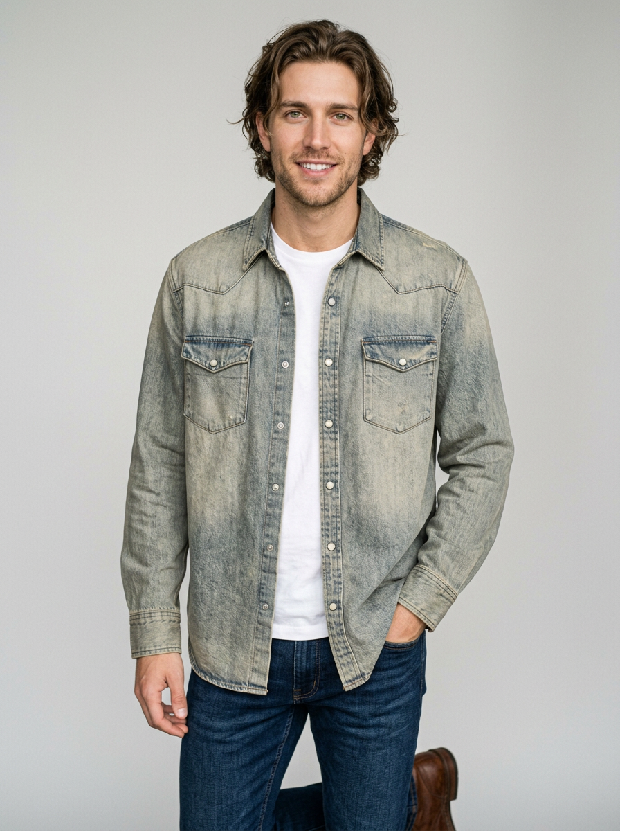 Men's Loose Fit Western Denim Shirt in Vintage Blue