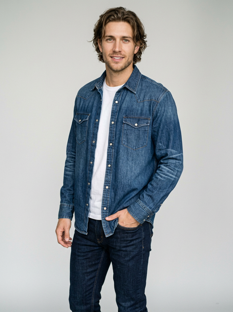 Men's Loose Fit Western Denim Shirt in Denim Blue – front view