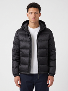 Men's Glossy Hooded Puffer Jacket in Black – front view