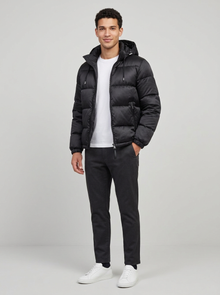Men's Glossy Hooded Puffer Jacket in Black – three-quarter view