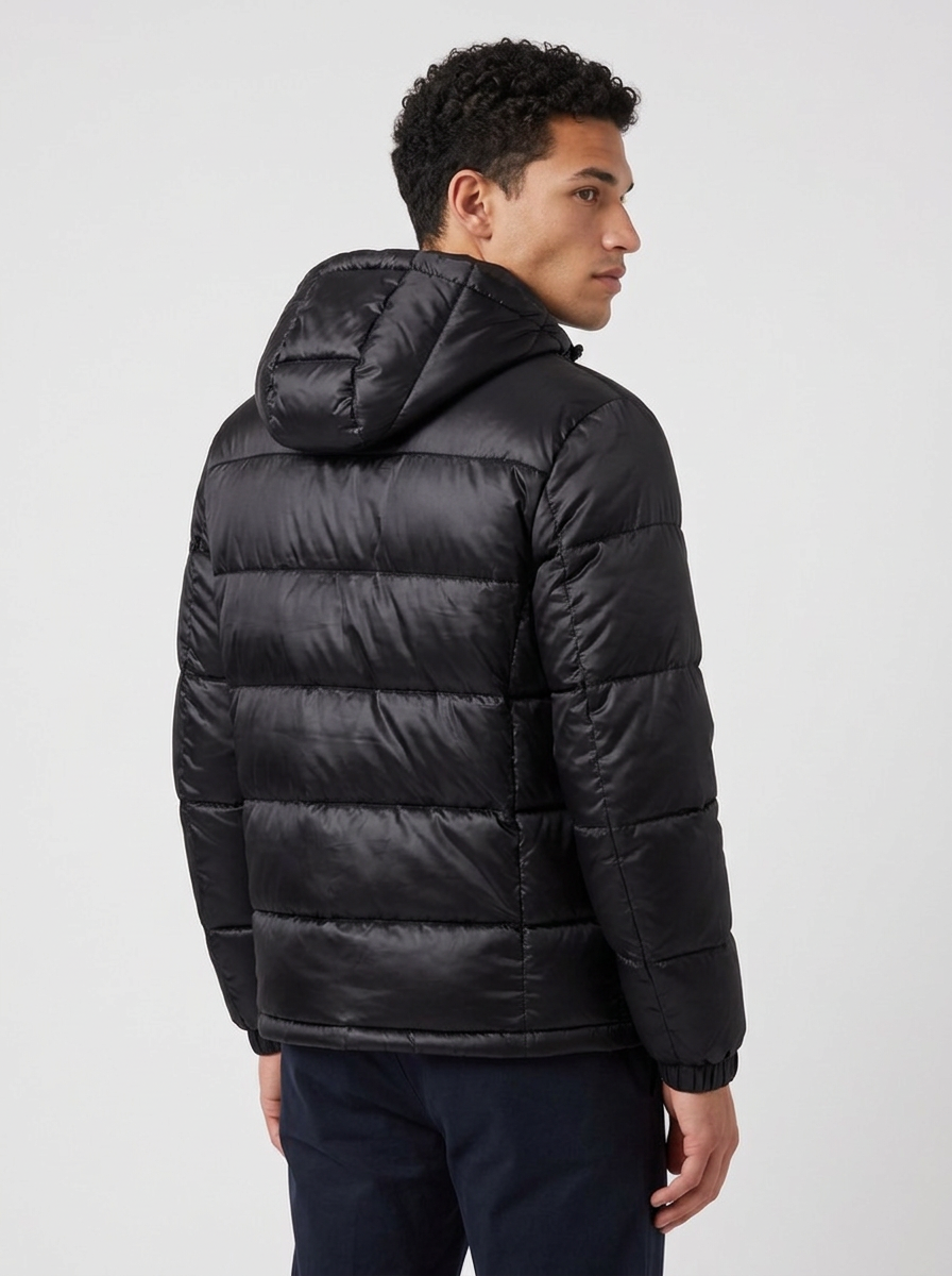Men's Glossy Hooded Puffer Jacket in Black – front view