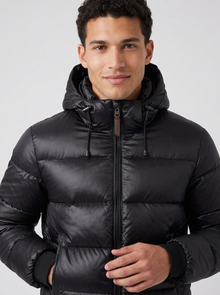 Men's Glossy Hooded Puffer Jacket in Black – hood detail