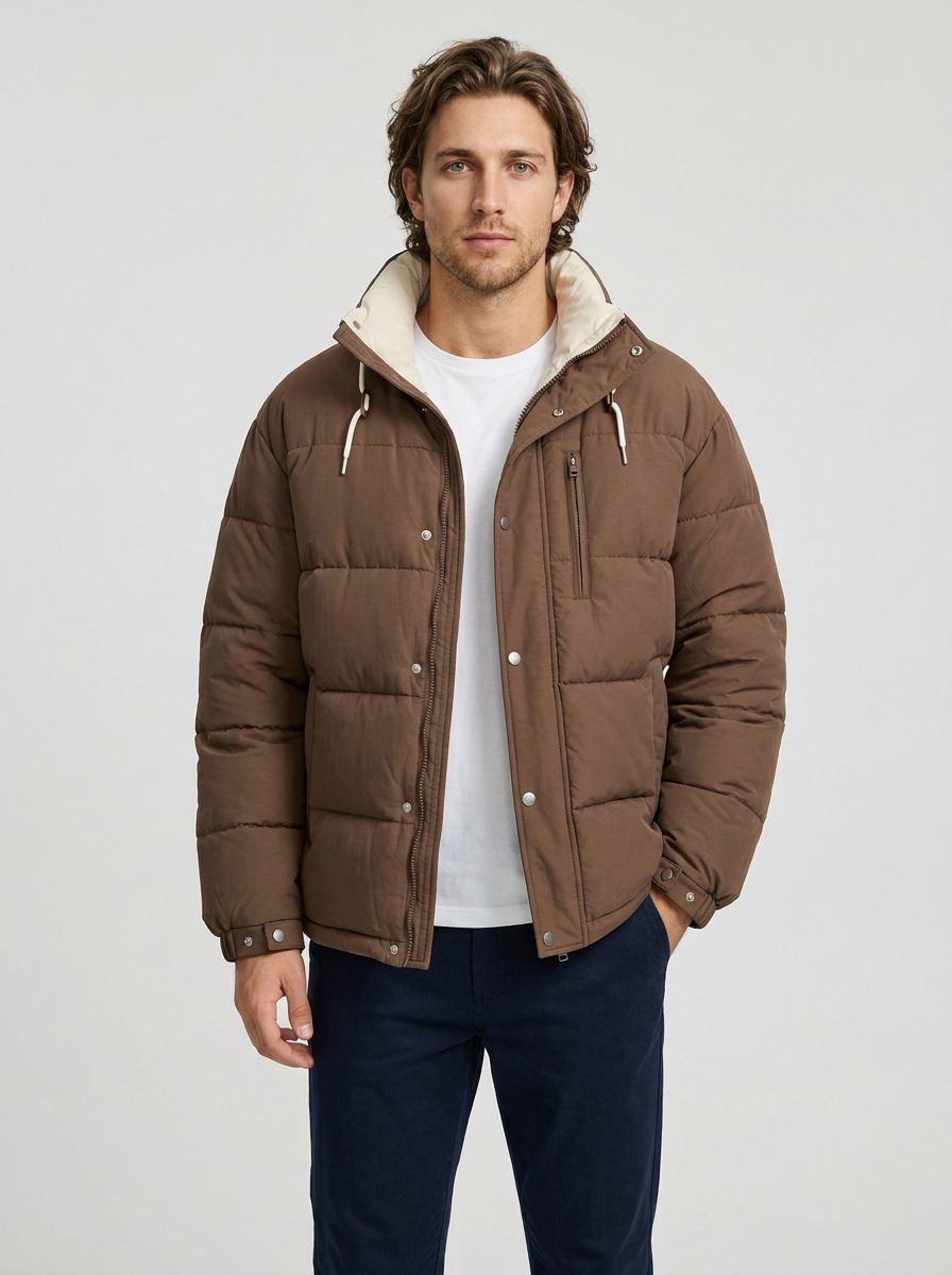 Men's Oversized Windproof Puffer Jacket in Coffee
