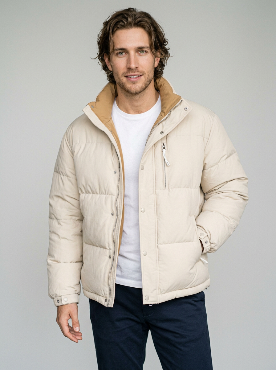 Men's Oversized Windproof Puffer Jacket in Beige