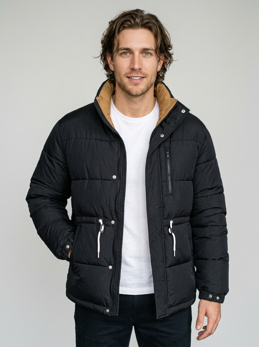 Men's Oversized Windproof Puffer Jacket in Black – front view