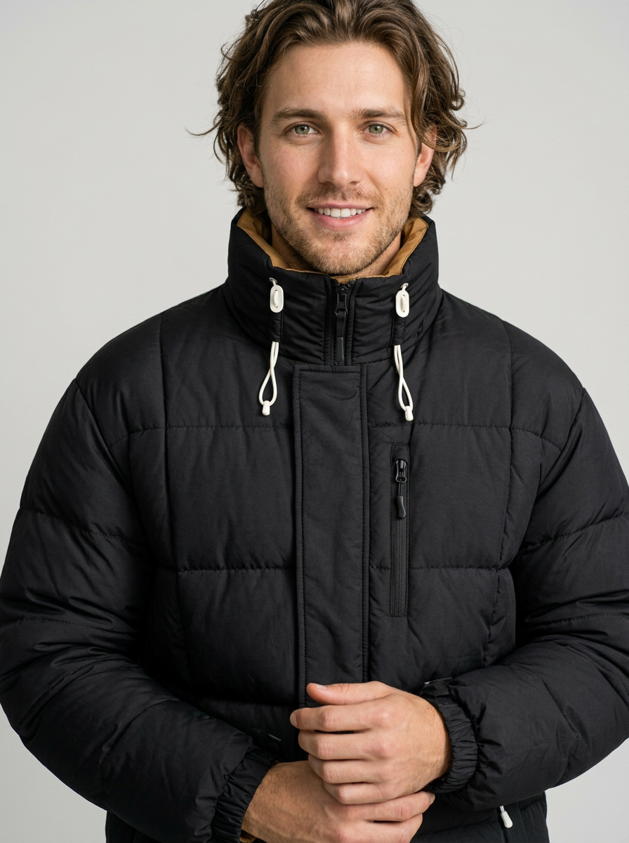 Men's Oversized Windproof Puffer Jacket in Black – detail view