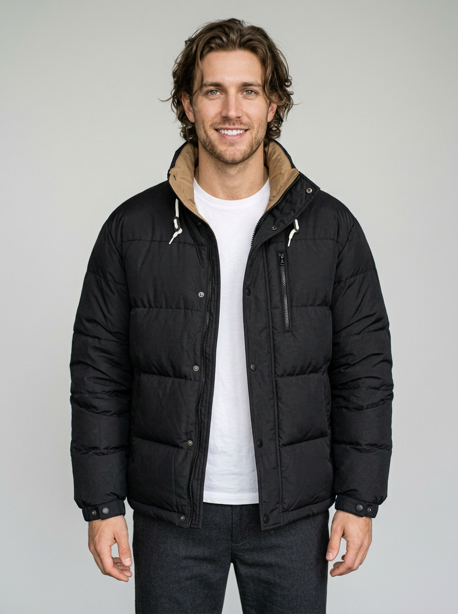 Men's Oversized Windproof Puffer Jacket in Black – front view