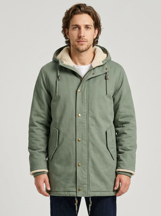 Men's Sherpa Lined Hooded Winter Coat in Sage Green – front view