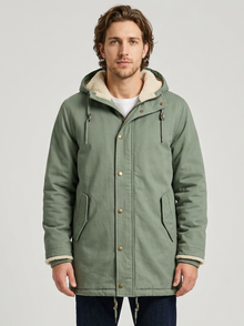 Men's Sherpa Lined Hooded Winter Coat in Sage Green – front view