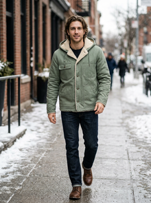 Men's Sherpa Lined Hooded Winter Coat in Sage Green – lifestyle shot