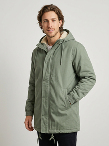 Men's Sherpa Lined Hooded Winter Coat in Sage Green – three-quarter view